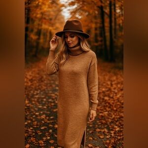 FRNCH Paris Turtleneck Tan Sweater Dress Side Slit Medium Wool Blend Fall